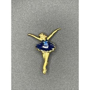 Ballerina Pin Brooch Gold-Tone & Blue‎ w/ Rhinestone 2" Vintage Jewelry